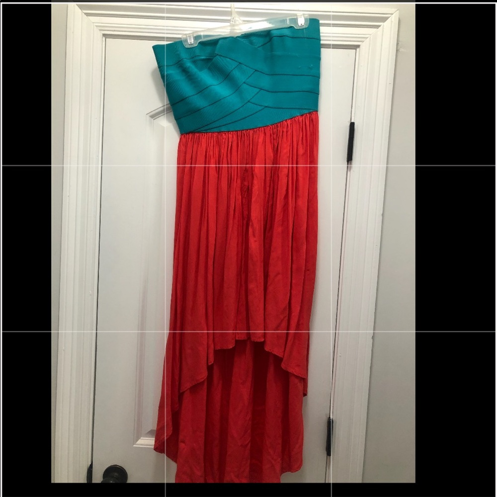 High low strapless zip up dress